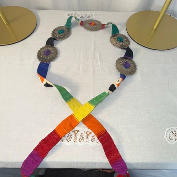 Vintage Handwoven Rainbow Belt with Silver Conchos | Southwestern Artisan Boho C - Picture 10 of 16